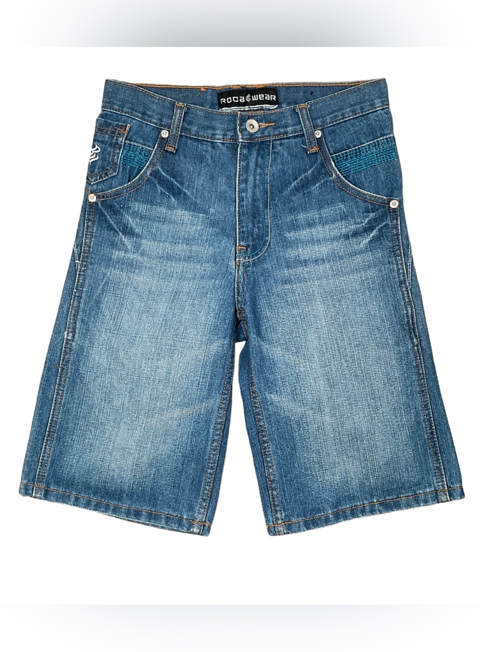 VINTAGE 2000s Rocawear Boys’ Graphic Distressed Blue Denim Jean Shorts Size 10